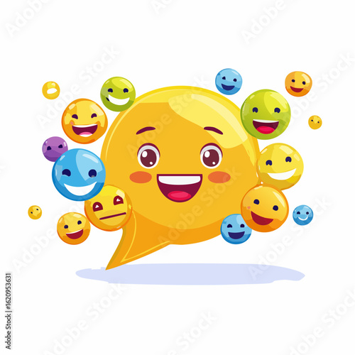 Emoji Expression Cascade: A cascade of emojis explodes from a vibrant speech bubble, a visual symphony expressing joy, laughter, and positivity. The playful arrangement evokes a sense of cheerfulness.