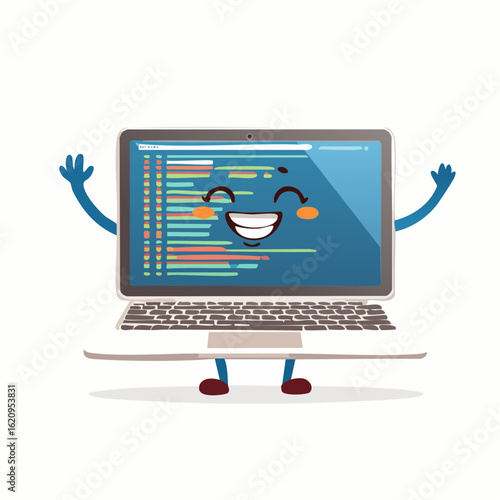 Joyful Coding: A cheerful cartoon laptop computer character comes to life, its screen displaying lines of code and an inviting smile, ready to assist and inspire.
