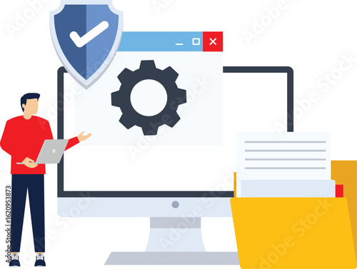 Concept of system security settings, device operating system maintenance, and file management. Illustration of a PC with gears, a shield, and a folder. Symbol or icon. Minimalist design. Graphic.

