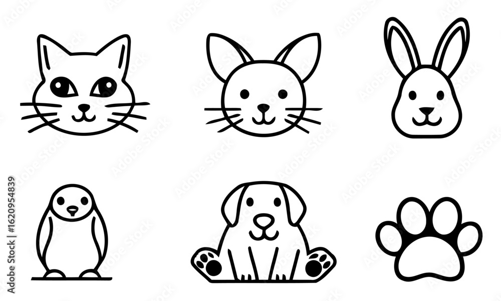 Fototapeta premium Cute hand drawn animal faces and paw print silhouette