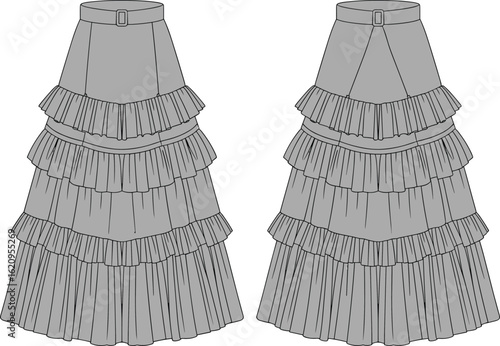 Tiered ruffle midi skirt fashion flat with belted waist and asymmetrical design, front and back technical sketch illustration
