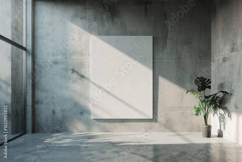 Blank white canvas mockup on a gray concrete wall in a sunlit modern industrial loft with a potted plant.