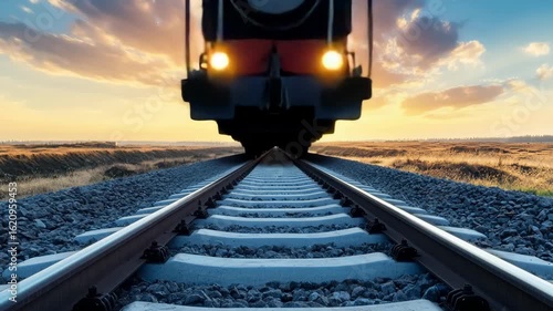 A train approaches on a railway track under a vibrant sunset. The landscape features open fields and a dramatic sky with clouds.