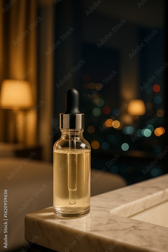 Naklejka premium Premium skincare serum mockup against a blurred urban evening cityscape
