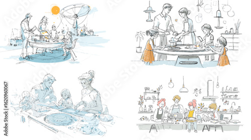 Happy families making food and sharing meals together in minimalist line art style, promoting togetherness, creativity, and culinary bonding.

