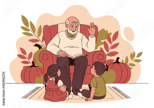 Elderly man telling stories to children while sitting on a cozy armchair  