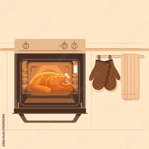 Roasted turkey in oven on warm kitchen background with mitts  