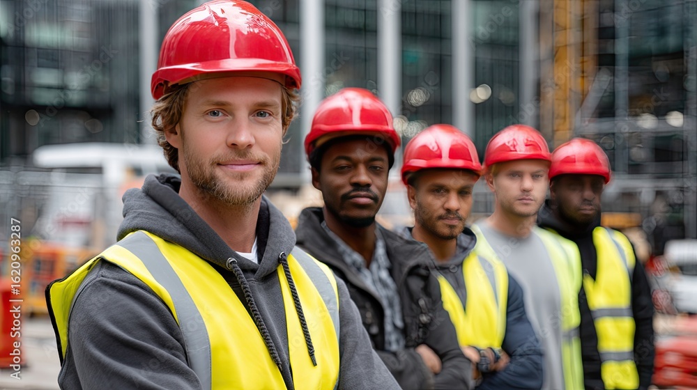 Obraz premium A group of cheerful construction workers stands together wearing red helmets and bright yellow vests in front of a large construction site