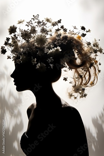 Spring bouquet hairstyle showcasing floral creativity with a silhouette of a female model against a bright background