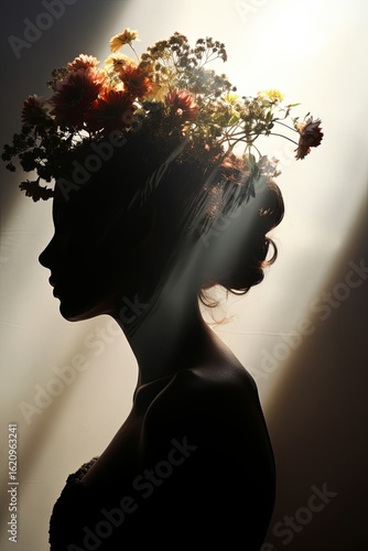 Spring bouquet hairstyle showcasing floral creativity with a silhouette of a female model against a bright background