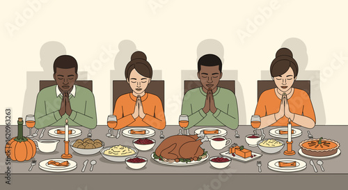 Family gathered for Thanksgiving dinner with food and prayer  