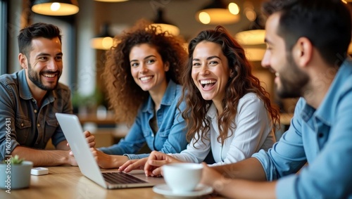 Young diverse friends smiling chatting at coffee shop casual meeting l