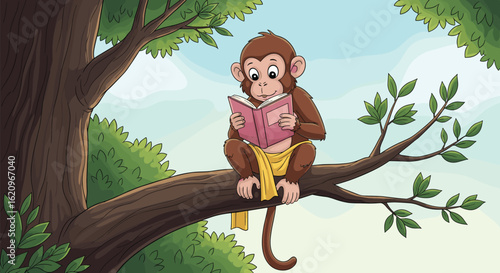 Photography Cute monkey reading book on tree, forest background illustration, cartoon animal