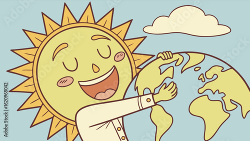 A cheerful cartoon sun hugs the earth, symbolizing love and care for the planet in a bright and sunny illustration with clouds