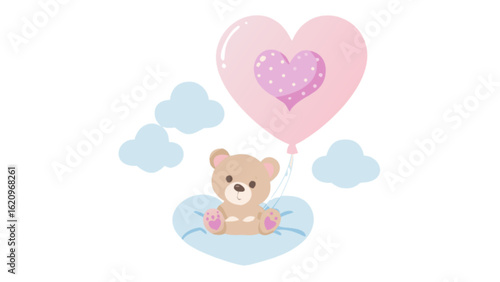 Adorable teddy bear sitting on a heart shaped cloud with a heart balloon floating above, isolated on white background perfect for valentines day or any love themed project