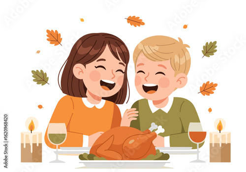 Children enjoying dinner together with turkey and autumn decorations  