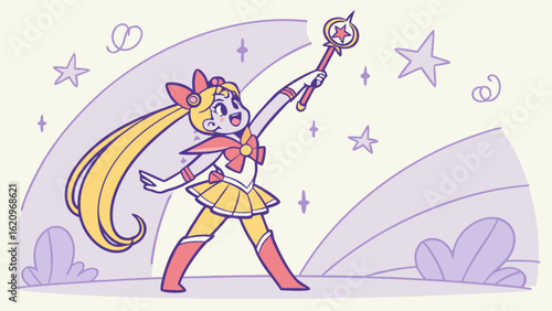 A magical cartoon girl with a wand stands triumphantly amidst stars, radiating charm and enchantment in a colorful and playful style, a whimsical illustration