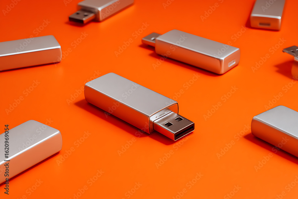 Fototapeta premium Multiple silver usb flash drives scattered on a vibrant orange background in a studio setting