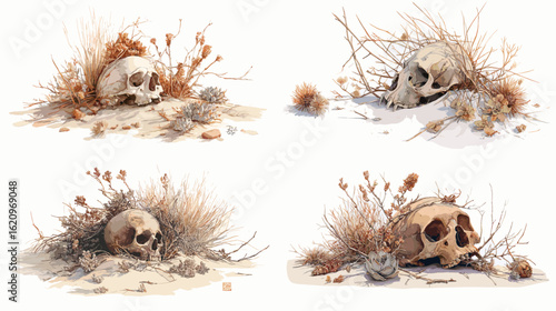 Desert skulls among dry grass and bones in a minimalist watercolor scene, symbolizing decay, drought, and the passage of time in a natural setting.


