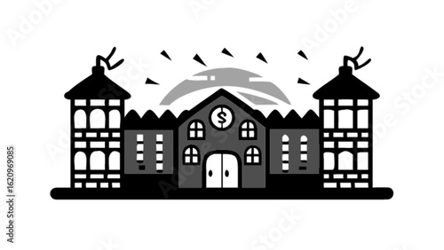 A stylized bank building, isolated on white background, represents finance, security, and investment, symbolizing wealth and economic stability in a minimalist design