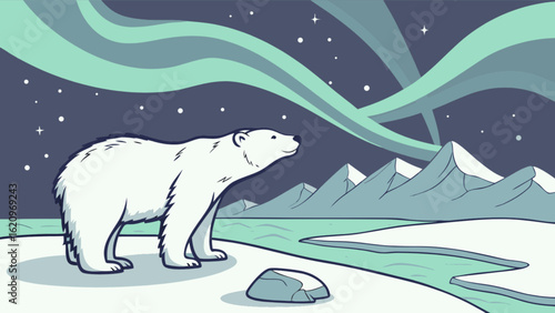 A majestic polar bear stands beneath the mesmerizing aurora borealis, with snowcapped mountains in the background, in a captivating arctic landscape