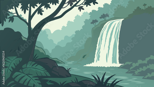 Lush jungle landscape with a majestic waterfall cascading into a tranquil river, surrounded by vibrant green foliage and towering trees in a serene environment