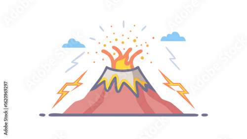Volcano eruption with lightning and clouds, a natural disaster illustration isolated on white background, showcasing the power of nature and geological activity