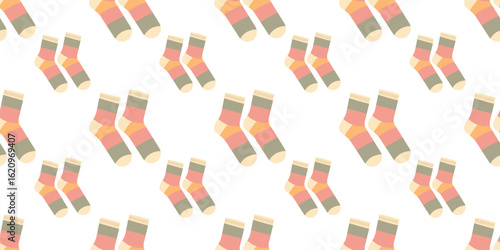 Seamless pattern of autumn apparel including socks in flat style. Hand drawn vector illustration for posters, banners and social media posts