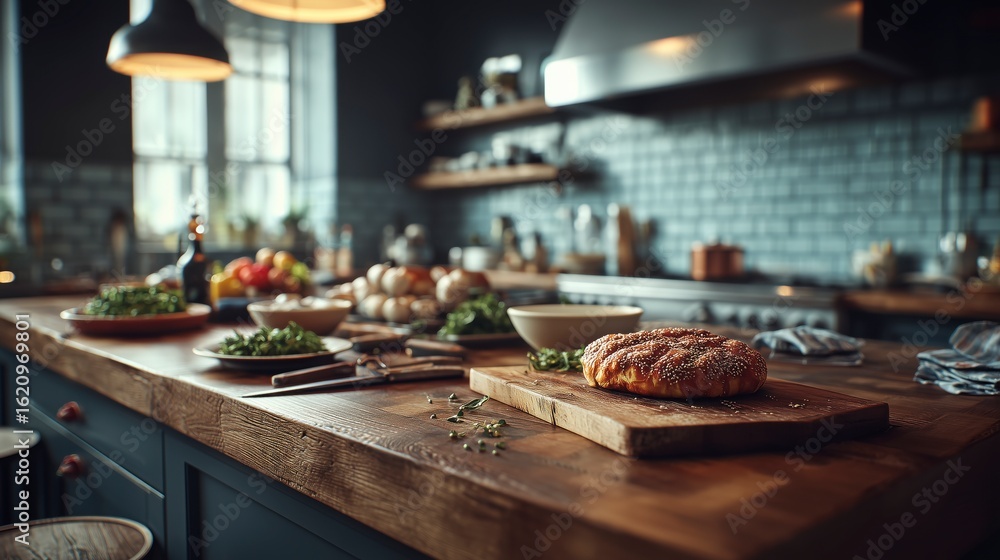 Fototapeta premium A kitchen counter with a variety of food items, including a large pizza. The counter is made of wood and has a wooden cutting board on it. The kitchen is well-equipped with a sink, oven