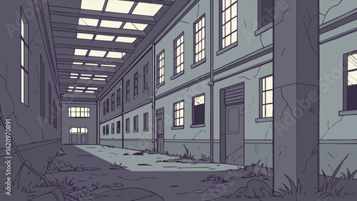 An abandoned factory exterior with decaying walls and windows, creating an eerie scene of urban exploration and industrial decay, showcasing the grunge and retro style