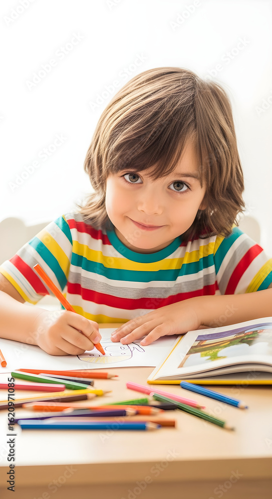 Cute Kid Drawing with Colored Pencils at Home or School Cute Kid Drawing with Colored Pencils at Home or School