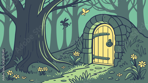 A whimsical forest scene with a hidden door, inviting viewers to imagine a magical adventure in a mysterious and enchanting landscape