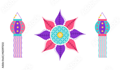Festive Diwali celebration set with rangoli, lamps, lanterns in flat style. Deepawali vector illustration for banners, posters and social media