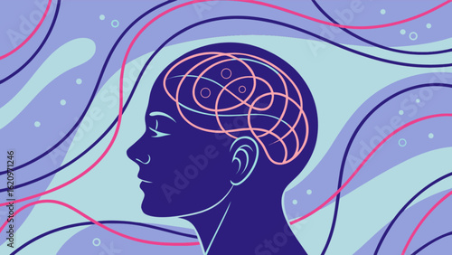 Illustration of a human head with a complex brain, representing mental health, intelligence, and the power of the human mind, isolated on white background