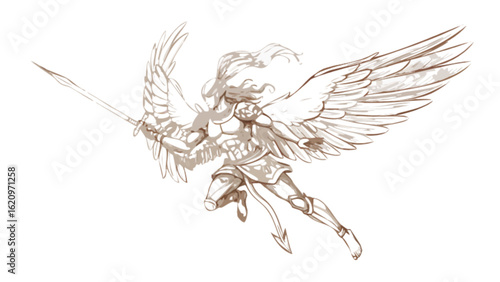 Illustration of a winged warrior angel with a sword, representing fantasy, mythology, and the battle between good and evil, isolated on white background