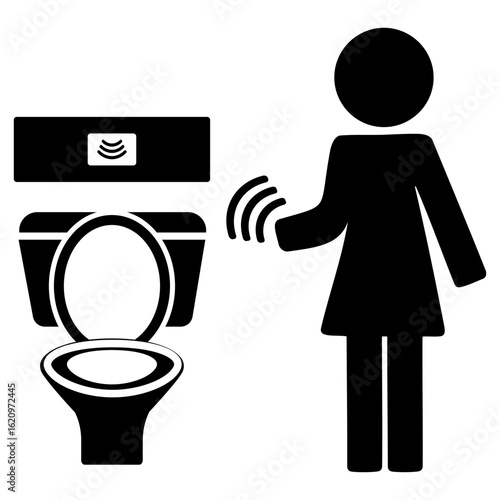 Black and white illustration of touchless sensor toilet with female figure