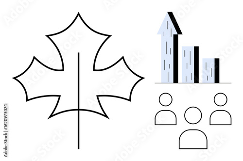 Leaf outline, bar chart with upward trend, three user icons. Ideal for sustainability, eco-development, team progress, growth strategy, green initiatives, data analysis and simple landing page