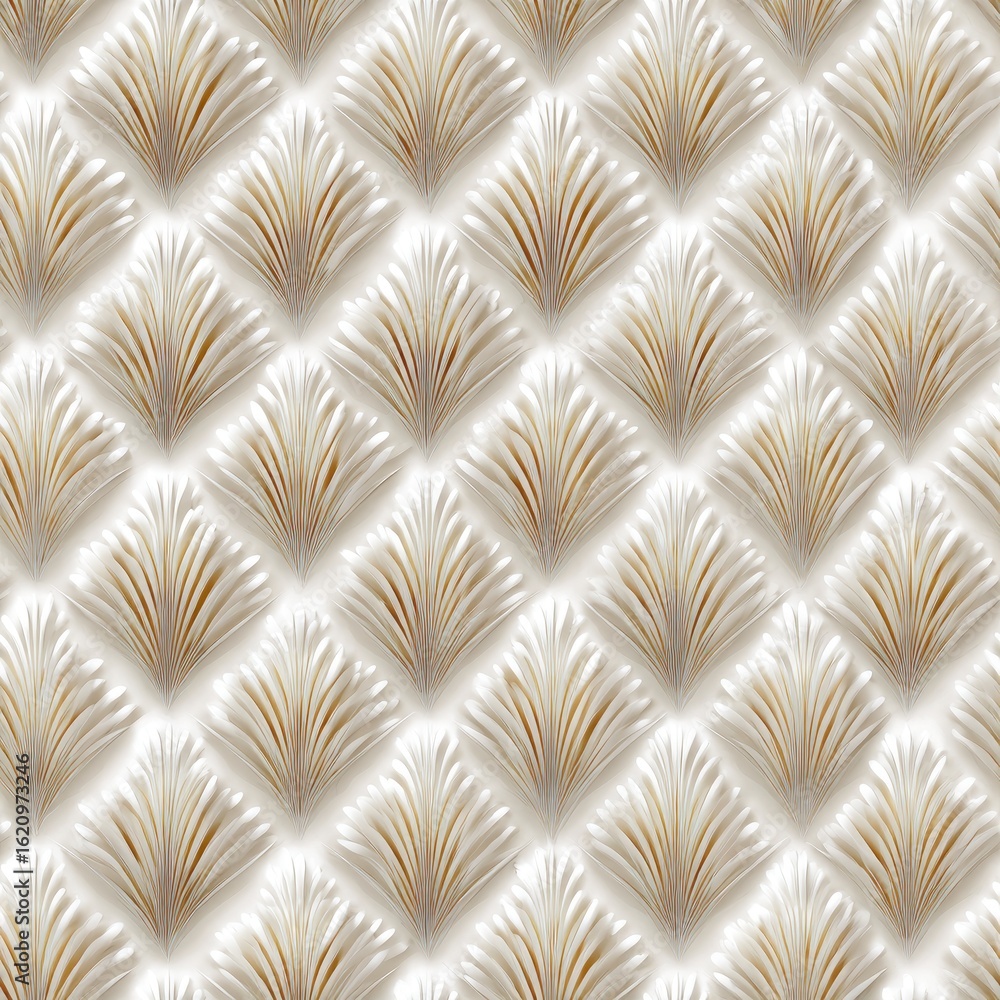 Beautiful Art Deco wallpaper features beige and white fan-shaped leaves in a seamless pattern, perfect for vintage-themed interiors. SEAMLESS PATTERN Beautiful Art Deco wallpaper features beige and white fan-shaped leaves in a seamless pattern, perfect for vintage-themed interiors. SEAMLESS PATTERN