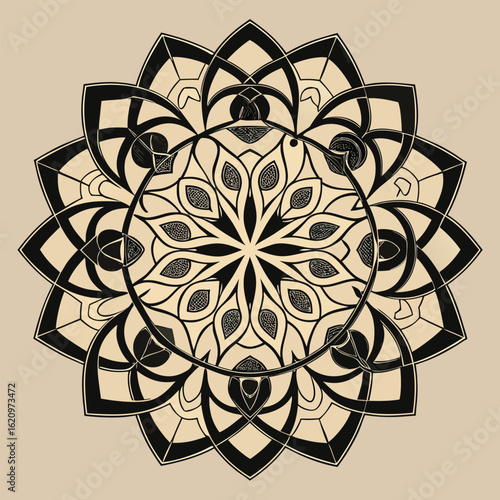 Decorative floral mandala design in black and beige graphic illustration for spiritual and artistic projects
