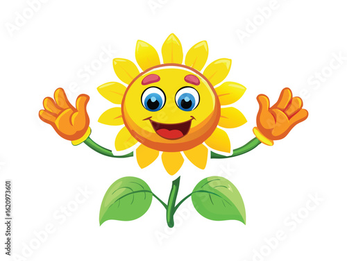 Vector art of happy smiling sunflower character with arms raised isolated on white background.
