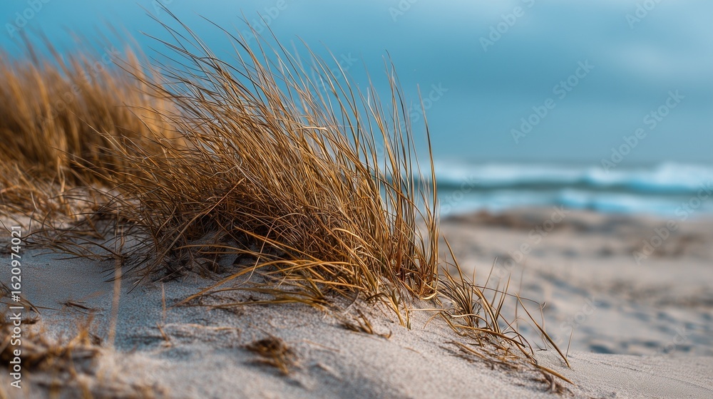 Fototapeta premium Sandy shoreline featuring windswept grass bordering hazy blue waters under overcast skies