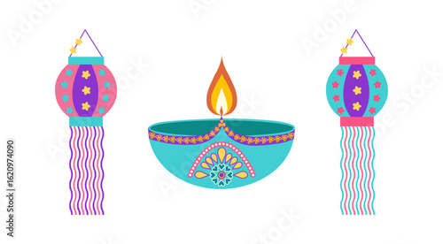 Festive Diwali illustration pack featuring diyas, lanterns  in flat style. Deepavali vector illustration for banners, social media, cards