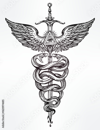 Caduceus tattoo design with snakes sword and wings esoteric symbolism illustration for print design