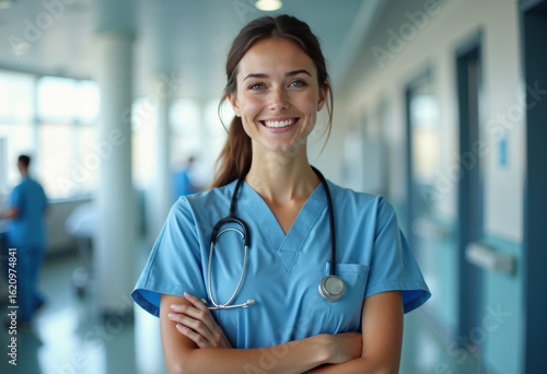 Beautiful young nurse standing in modern hospital