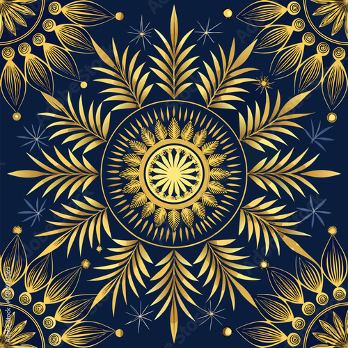 Golden floral mandala pattern on dark blue background exudes sophistication and elegant artistic flair
