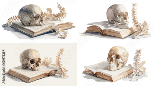 Watercolor skull and spine bones on old books, symbolizing death, study, and ancient knowledge, in soft tones and vintage anatomical illustration style.


