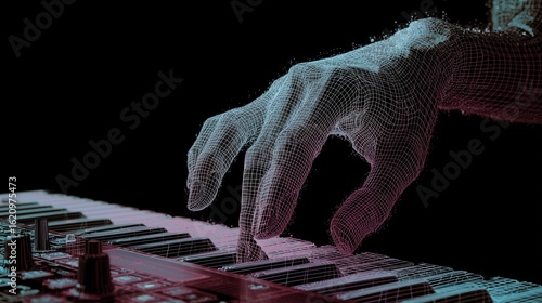 Polygonal hand playing a digital keyboard, creating a futuristic and technological music performance