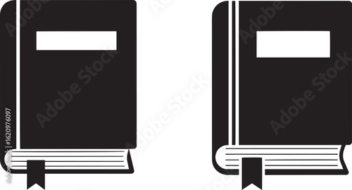 Two stylized black and white books with bookmarks isolated on white background