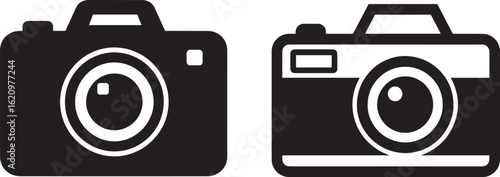 Two camera icons, one black and one white, isolated on white background