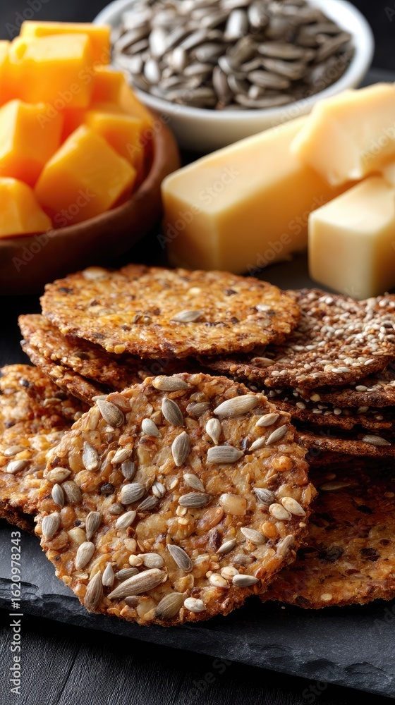 Fototapeta premium Oatmeal cracker with cheddar cheese displayed on a dark slate plate surrounded by milk and cheese on a rustic wooden table